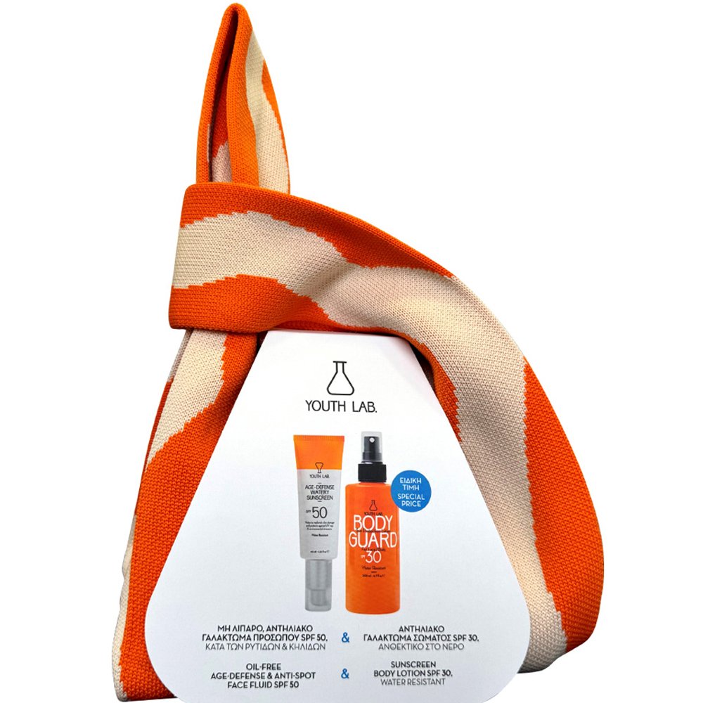 Youth Lab. Youth Lab Promo Age-Defense Watery Sunscreen Spf50, 40ml & Body Guard Face & Body Sun Protection Lotion Spf30, 200ml & Δώρο Τσάντα Θαλάσσης 1 Τεμάχιο
