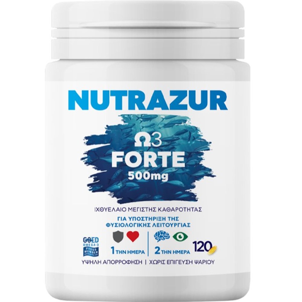 Rener Pharmaceuticals Nutrazure Ω3 Forte 500mg Συμπλήρωμα Διατροφής Ιχθυελαίου Μέγιστης Καθαρότητας & Υψηλής Απορρόφησης Πλούσιο σε Ω3 για την Υποστήριξη της Καλής Λειτουργίας του Εγκεφάλου, της Όρασης & της Καρδιάς Χωρίς Επίγευση Ψαριού 120caps