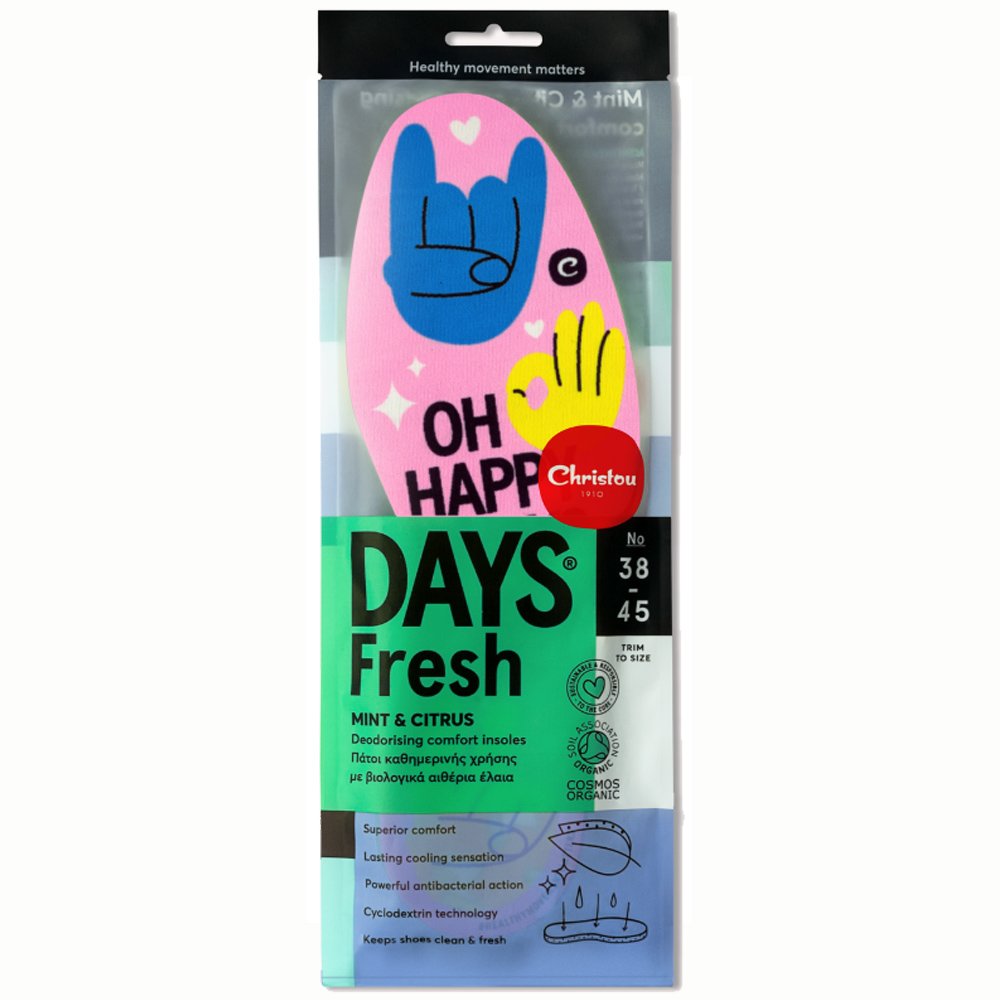 Christou Days Fresh oh Happy Days CH-072 Αποσμητικοί Πάτοι Καθημερινής Χρήσης με Βιολογικά Αιθέρια Έλαια Μέντας & Κίτρου (No 38-45) One Size 1 Ζευγάρι – Ροζ