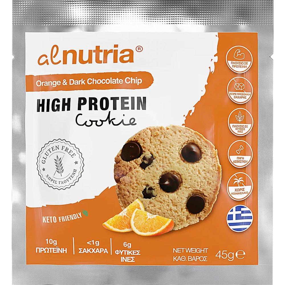 Alnutria Alnutria High Protein Cookie Μπισκότο Πλούσιο σε Πρωτεΐνη & Ασβέστιο με Πλούσια Γεύση Πορτοκάλι & Κομμάτια Μαύρης Σοκολάτας 45g 1 Τεμάχιο - Orange & Dark Chocolate Chip