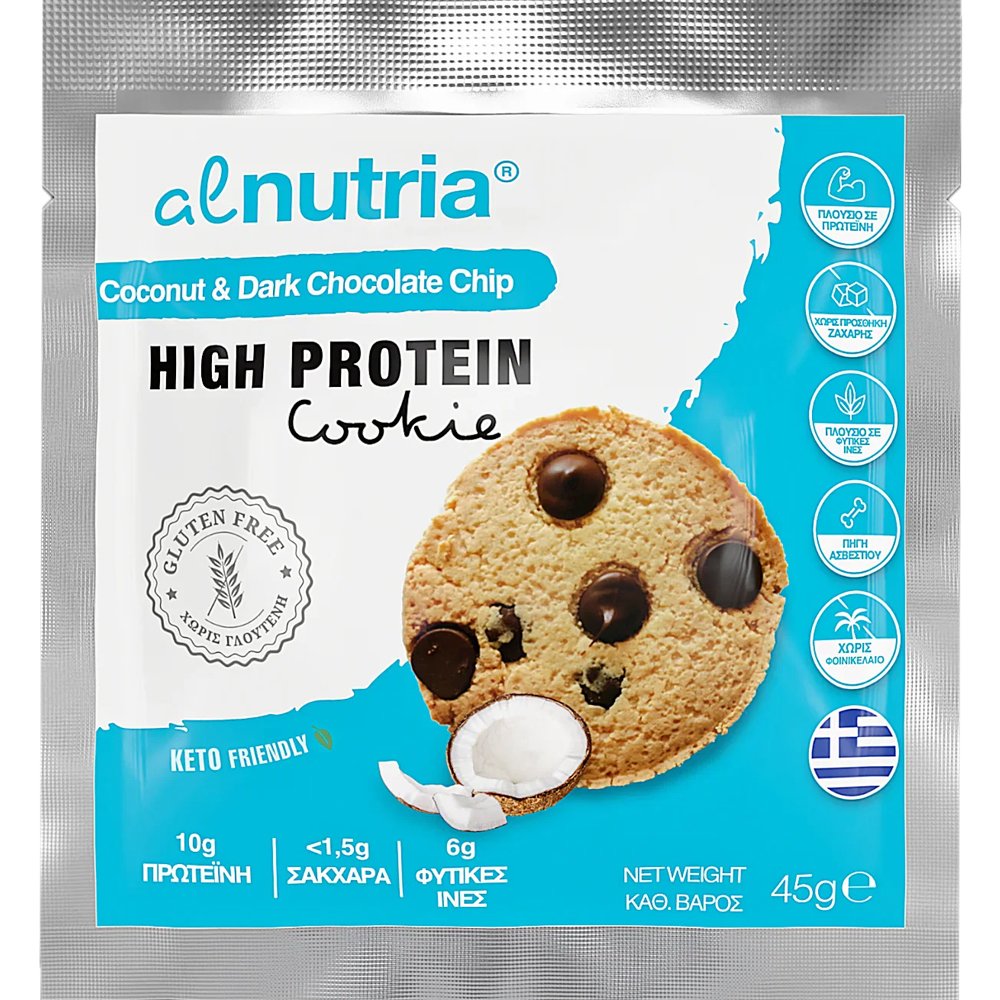 Alnutria Alnutria High Protein Cookie Μπισκότο Πλούσιο σε Πρωτεΐνη & Ασβέστιο με Πλούσια Γεύση καρύδας & Κομμάτια Μαύρης Σοκολάτας 45g 1 Τεμάχιο - Coconut & Dark Chocolate Chip