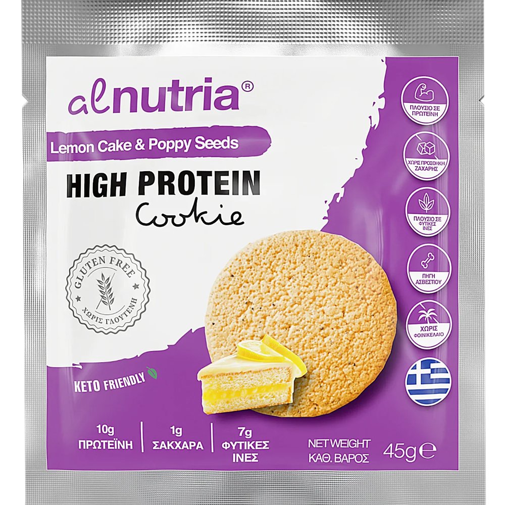 Alnutria Alnutria High Protein Cookie Μπισκότο Πλούσιο σε Πρωτεΐνη & Ασβέστιο με Πλούσια Γεύση Κέικ Λεμόνι & Σπόρο Παπαρούνας 45g 1 Τεμάχιο - Lemon Cake & Poppy Seeds