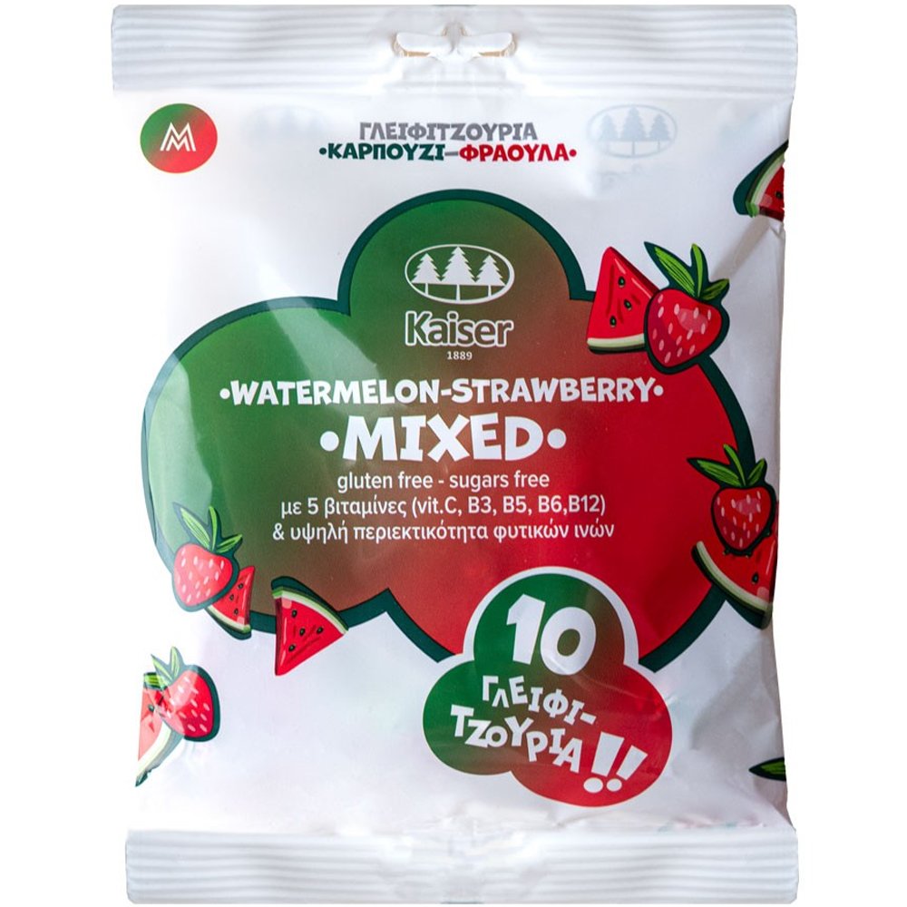 Kaiser Vitamins & Natural Fibers Mixed Watermelon - Strawberry Lollipops Συμπλήρωμα Διατροφής Γλειφιτζούρι με Βιταμίνες & Υψηλή Περιεκτικότητα σε Φυτικές Ίνες για Ενέργεια & Τόνωση με Γεύση Καρπούζι & Φράουλα 10 Τεμάχια