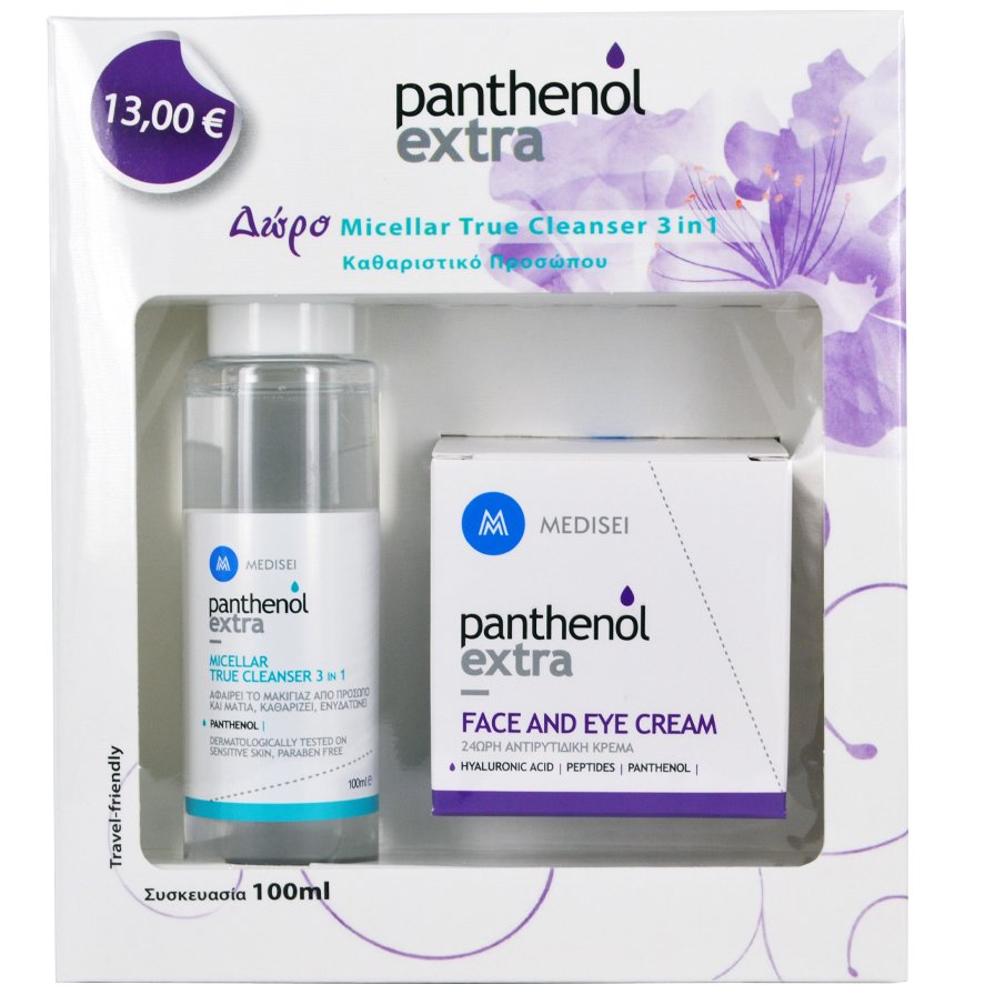 Medisei Panthenol Extra Πακέτο Προσφοράς Face/Eye Cream 24ωρη Αντιρυτιδική Κρέμα 50ml & Δώρο Micellar True Cleanser 3 σε 1 100ml