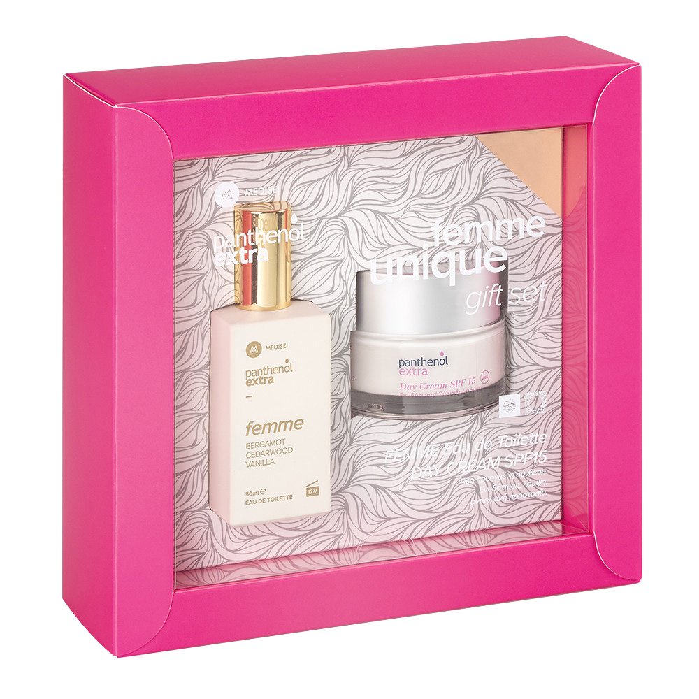 Medisei Gift Set Panthenol Extra Eau de Toilette Femme Bergamot, Cedarwood, Vanilla 50ml & Day Cream Spf15, 50ml