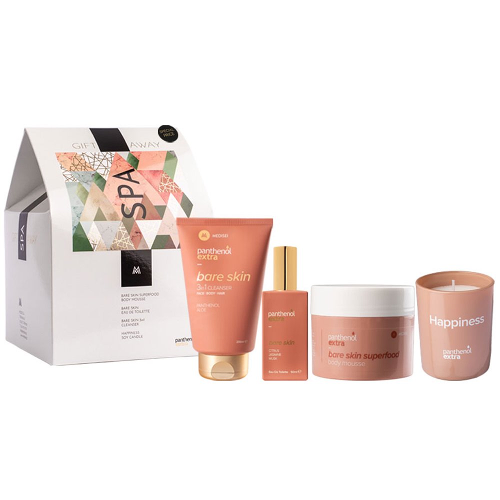 Medisei Panthenol Extra Promo Spa Gift Away Bare Skin Body Mousse 230ml, Eau de Toilette 50ml, 3in1 Cleanser 200ml & Soy Candle 170g,Ενυδατικό Mousse Σώματος & Γυναικείο Άρωμα & 3σε1 Αφρόλουτρο για Μαλλιά, Πρόσωπο, Σώμα & Αρωματικό Κερί Σόγιας 