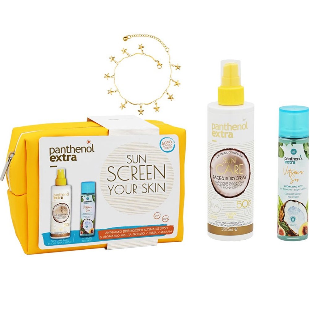 Medisei Panthenol Extra Promo Sun Care Face – Body Spray Spf50, 250ml & Vitamin Sea Mist 100ml & Δώρο Αλυσίδα Ποδιού & Νεσεσέρ