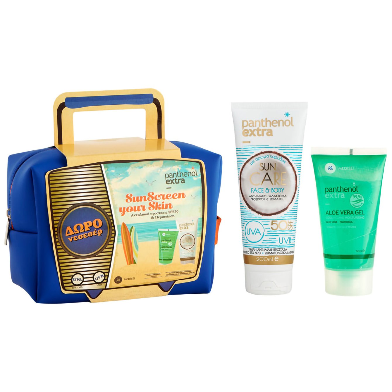 Medisei Panthenol Extra Πακέτο Προσφοράς Sun Care Face & Body Milk Spf50, 200ml & Aloe Vera Gel 150ml & Δώρο Νεσεσέρ
