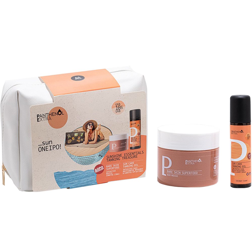 Medisei Medisei Panthenol Extra Promo Bare Skin Superfood Body Mousse 230ml & Sun Care Tanning Oil Spf10, 150ml & Δώρο Νεσεσέρ 1 Τεμάχιο