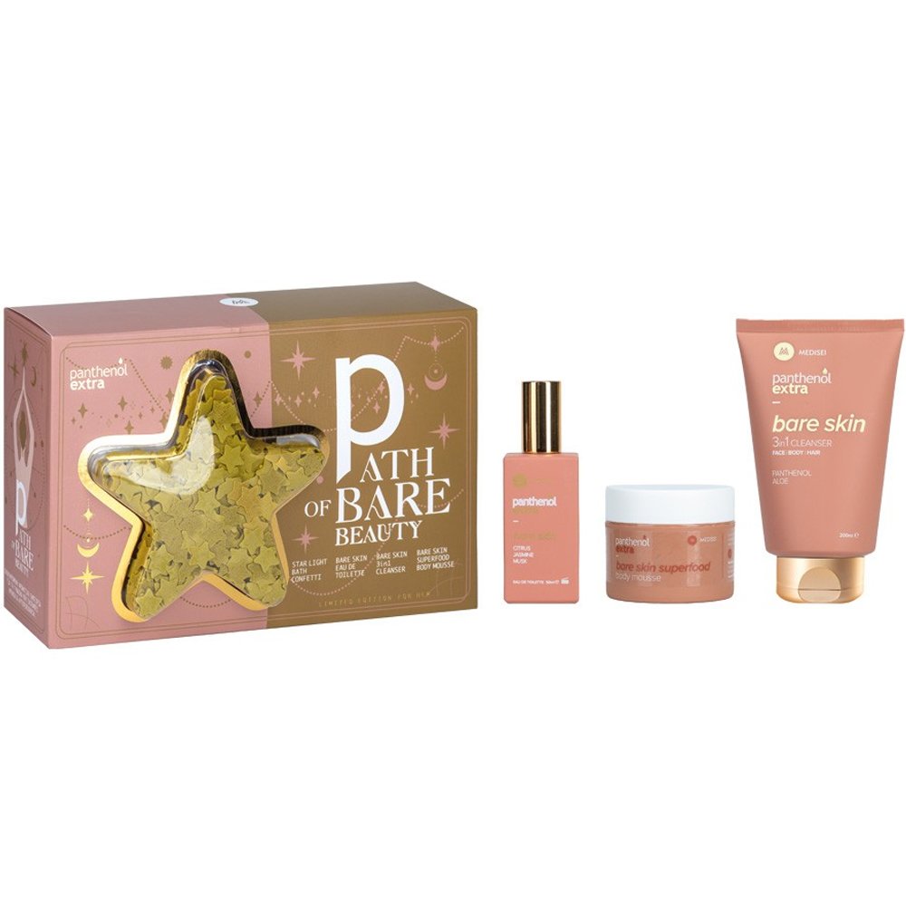 Medisei Promo Panthenol Extra Bare Skin Eau de Toilette 50ml & Superfood Body Mousse 100ml & 3 in 1 Face, Body & Hair Cleanser 200ml & Starlight Sage Bath Confetti 15g