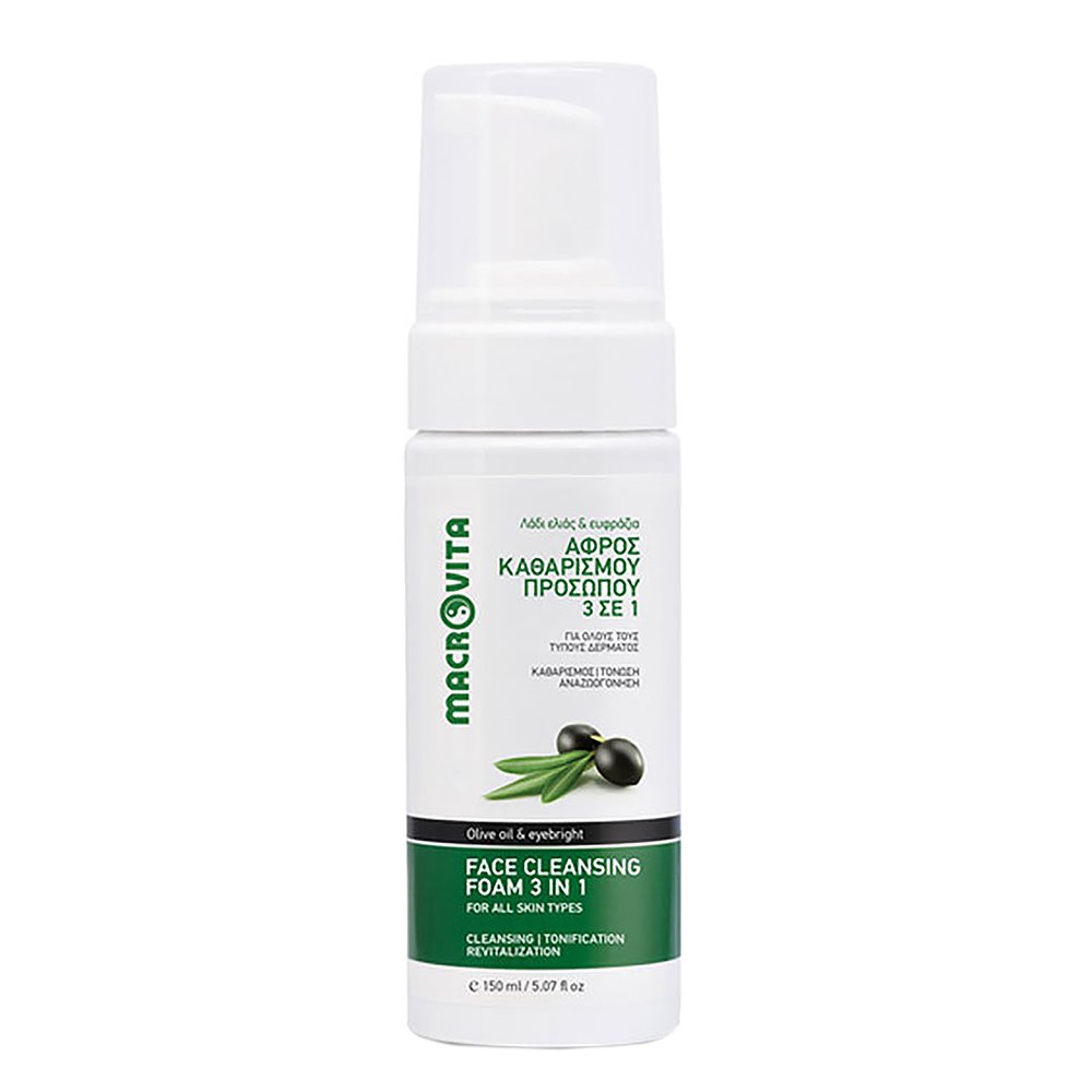 Macrovita Face Cleansing Foam 3 in 1 Αφρός Καθαρισμού Προσώπου για Όλους τους Τύπους Επιδερμίδας, με Λάδι Ελιάς & Ευφράζια 150ml