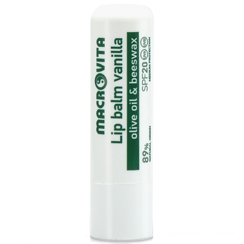 Macrovita Macrovita Lip Balm Spf20 Ενυδατικό Βάλσαμο Χειλιών Μέτριας Αντηλιακής Προστασίας με Λάδι Ελιάς & Κερί Μέλισσας, Γεύση Βανίλια 4.8gr