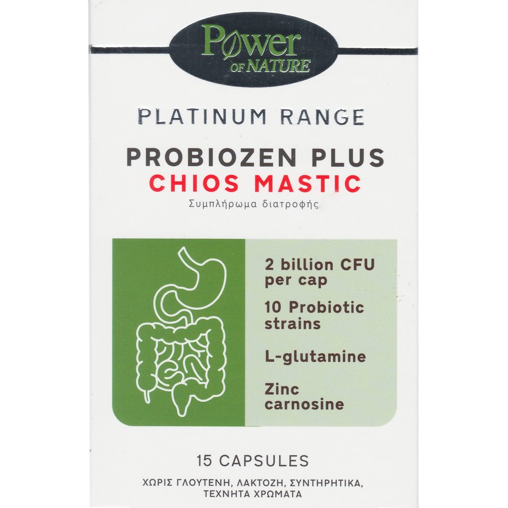 Power Health Platinum Range Probiozen Plus Chios Mastic Συμπλήρωμα Διατροφής με Μαστίχα Χίου, Προβιοτικά, Γλουταμίνη & Ψευδάργυρο για Καλή Λειτουργία του Γαστρεντερικού Συστήματος 15caps