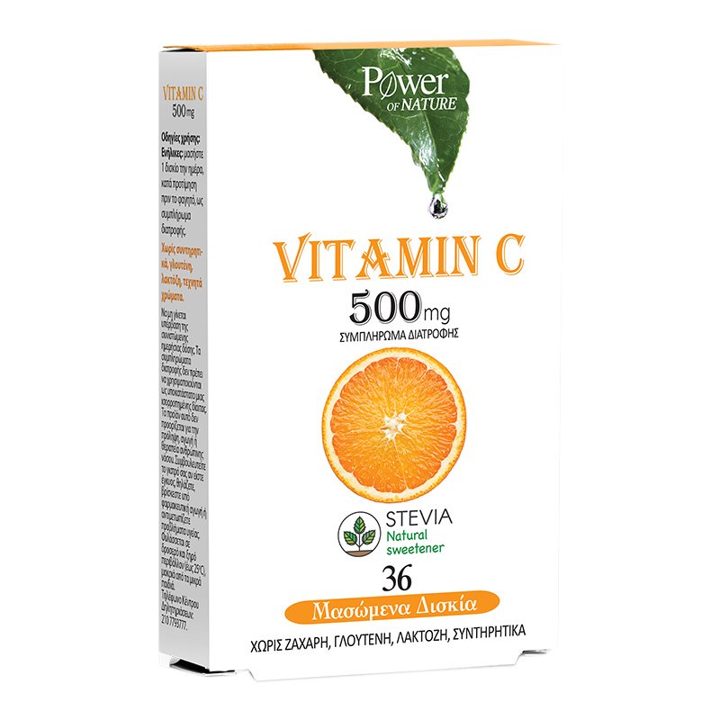 Power Health Vitamin C 500mg Συμπλήρωμα Διατροφής με Βιταμίνη C με Στέβια για Ενίσχυση της Άμυνας του Οργανισμού 36 chew.tabs