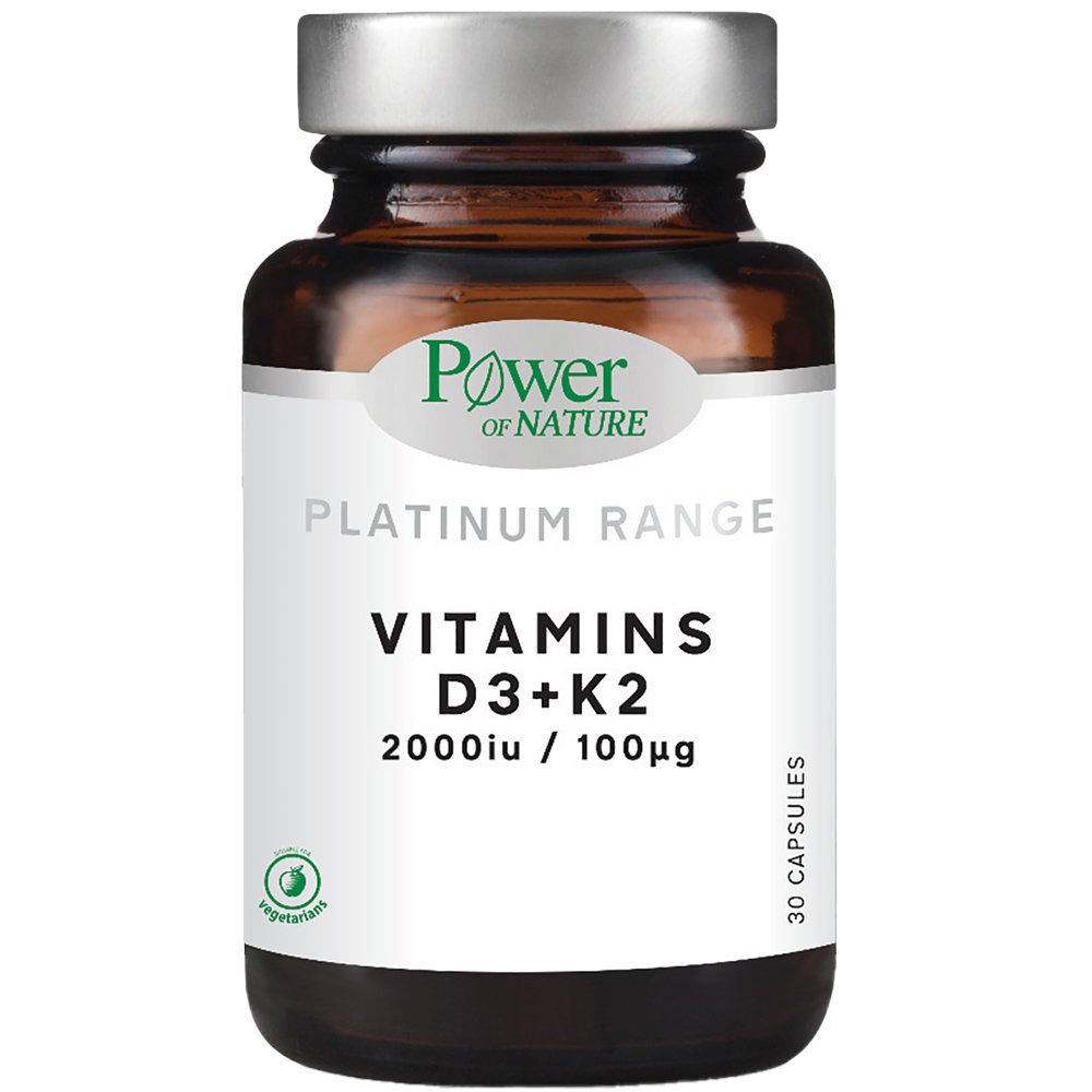 Power of Nature Platinum Range Vitamins D3 2000iu & K2 100μg Συμπλήρωμα Διατροφής για τη Φυσιολογική Κατάσταση των Οστών 30veg.caps