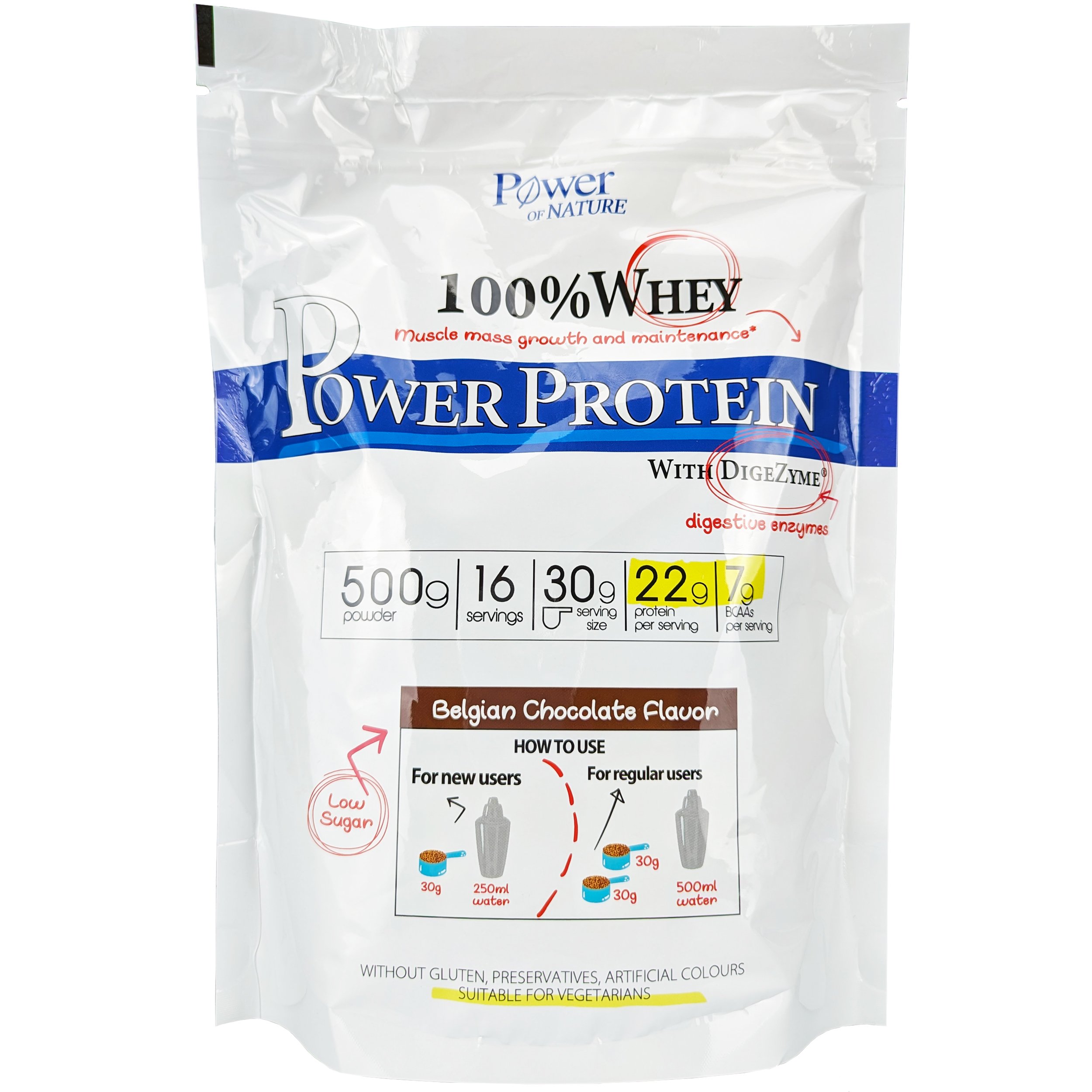 Power of Nature 100% Whey Power Protein Συμπλήρωμα Διατροφής Πρωτεΐνης Ορού Γάλακτος για Αύξηση & Διατήρηση Μυϊκής Μάζας με Γεύση Βέλγικη Σοκολάτα 500g