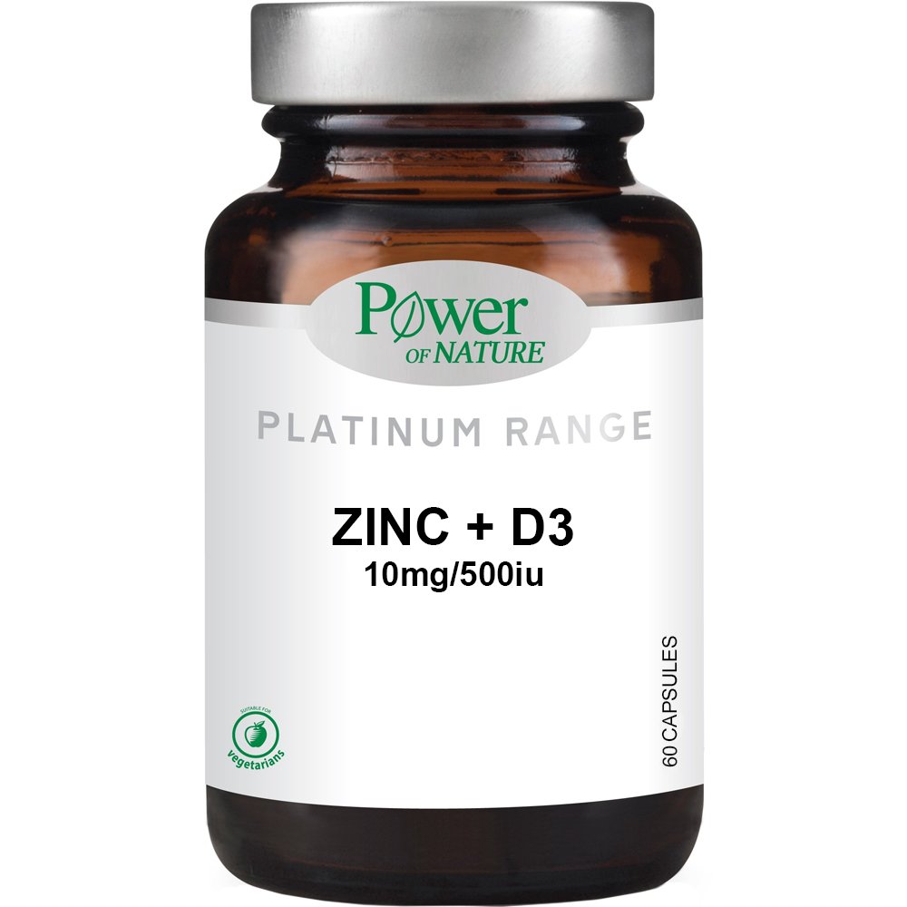 Power of Nature Platinum Range Zinc 10mg & Vitamin D3 500iu Συμπλήρωμά Διατροφής με Βιταμίνη D3 & Ψευδάργυρο για Μέγιστη Απορρόφηση για Τόνωση των Οστών, Μυών, Δοντιών & Ενίσχυση Ανοσοποιητικού 60caps