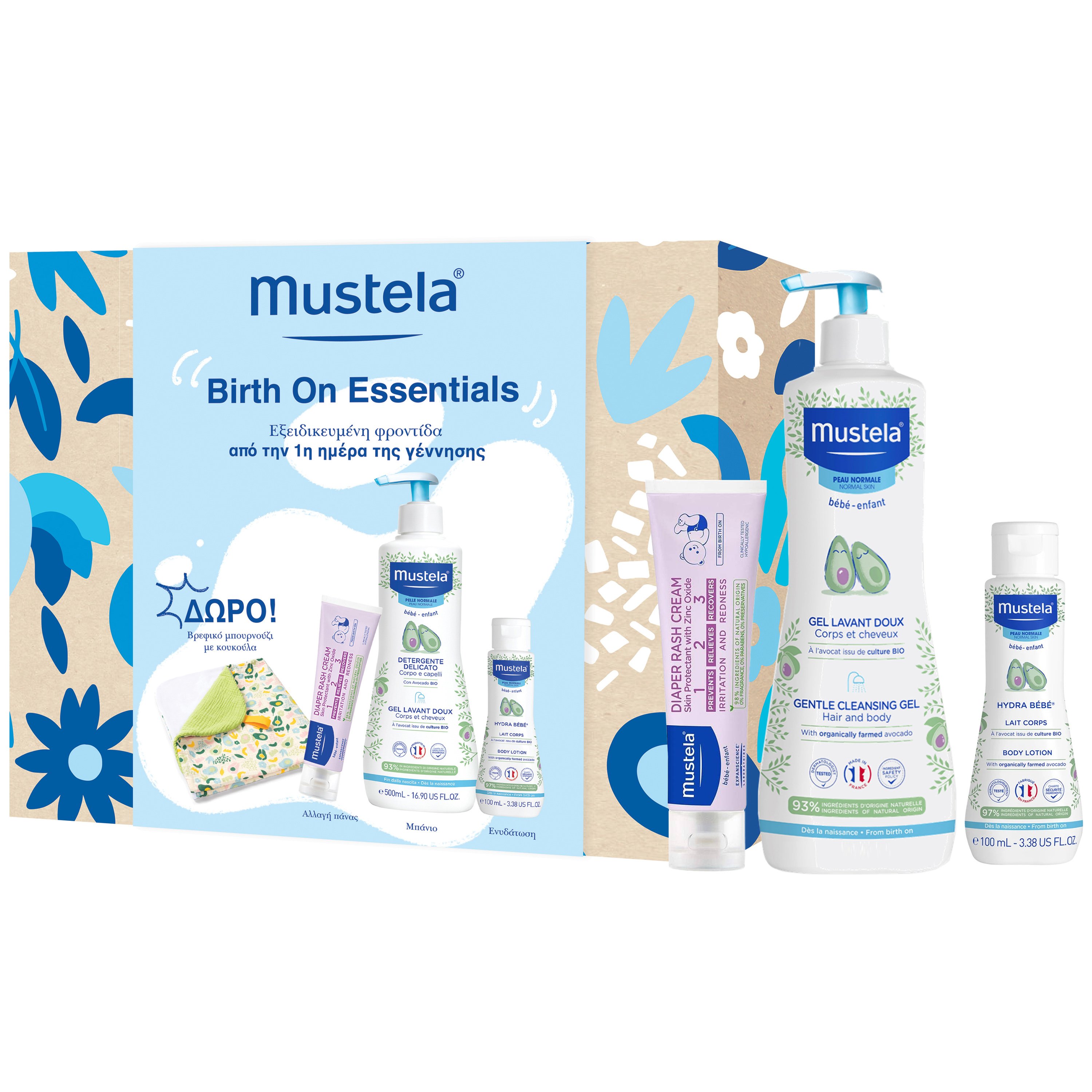 Mustela Mustela Promo Gentle Cleansing Gel 500ml & Hydra Baby Body Lotion 100ml & 123 Vitamin Barrier Cream 100ml & Δώρο Βρεφικό Μπουρνούζι με Κουκούλα 1 Τεμάχιο