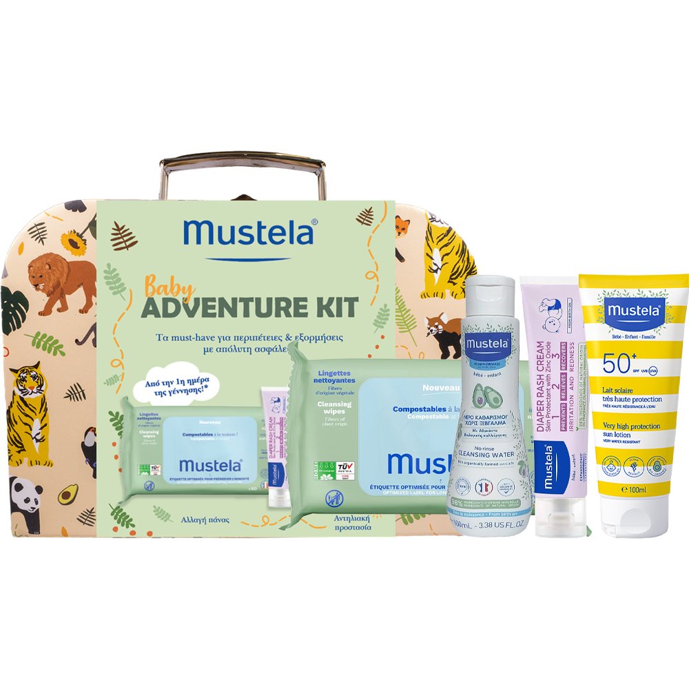 Mustela Mustela Promo Cleansing Wipes 60 Τεμάχια & No Rinse Cleansing Water 100ml & 123 Vitamin Barrier Cream 50ml & Bebe Very High Protection Sun Lotion Spf50+, 40ml & Δώρο Metalic Case 1 Τεμάχιο & Δώρο Baby on Board Sticker 1 Τεμάχιο,Μωρομάντηλα Καθαρισμού