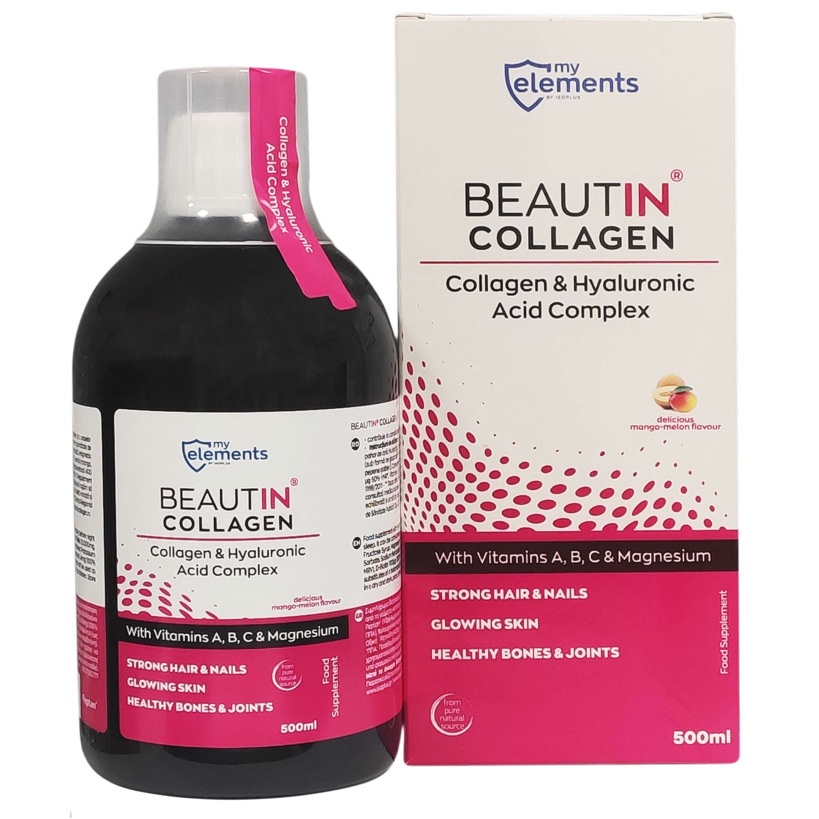 My Elements Beautin Collagen Υδρολυμένο Πόσιμο Κολλαγόνο με Υαλουρονικό Οξύ και Βιταμίνες A,B,C με Γεύση Μάνγκο – Πεπόνι 500ml