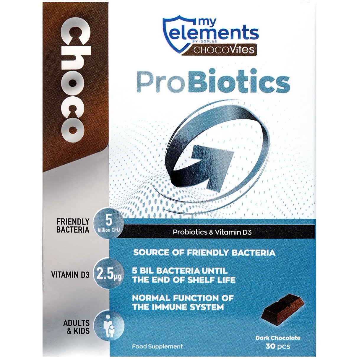 My Elements Chocovites Probiotics with Vitamin D3 Συμπλήρωμα Διατροφής με Προβιοτικά για την Φυσιολογική Λειτουργία του Εντέρου με Γεύση Σοκολάτα Υγείας 30 Τεμάχια