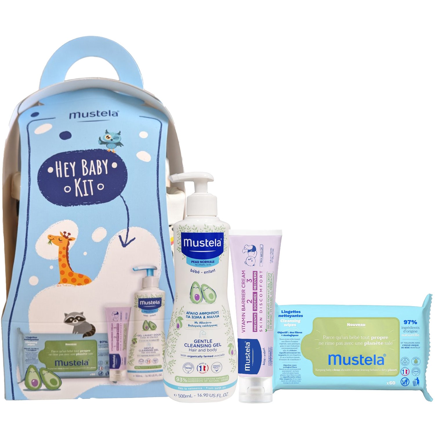 Mustela Promo Hey Baby Kit Gentle Cleansing Gel for Hair, Body 500ml & Barrier Cream 123 Vitamin 50ml & Eco-Responsible Natural Fiber Cleansing Wipes 60 Τεμάχια (1×60 Τεμάχια) & Δώρο Καλαθάκι