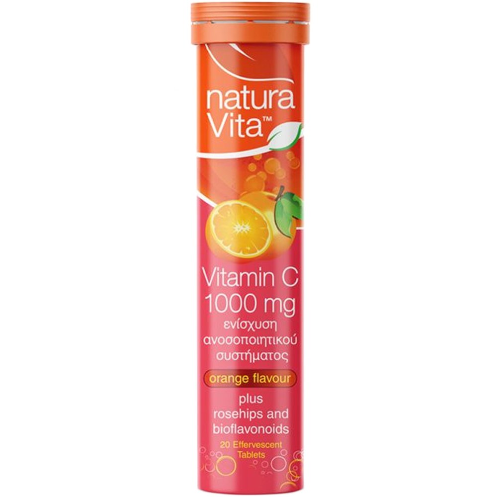 Natura Vita Vitamin C 1000mg Συμπλήρωμα Διατροφής Βιταμίνης C με Εκχύλισμα Αγριοτριανταφυλλιάς & Βιοφλαβονοειδών Εσπεριδοειδών για Ενίσχυση του Ανοσοποιητικού με Γεύση Πορτοκάλι 20 Effer.Tabs - Orange