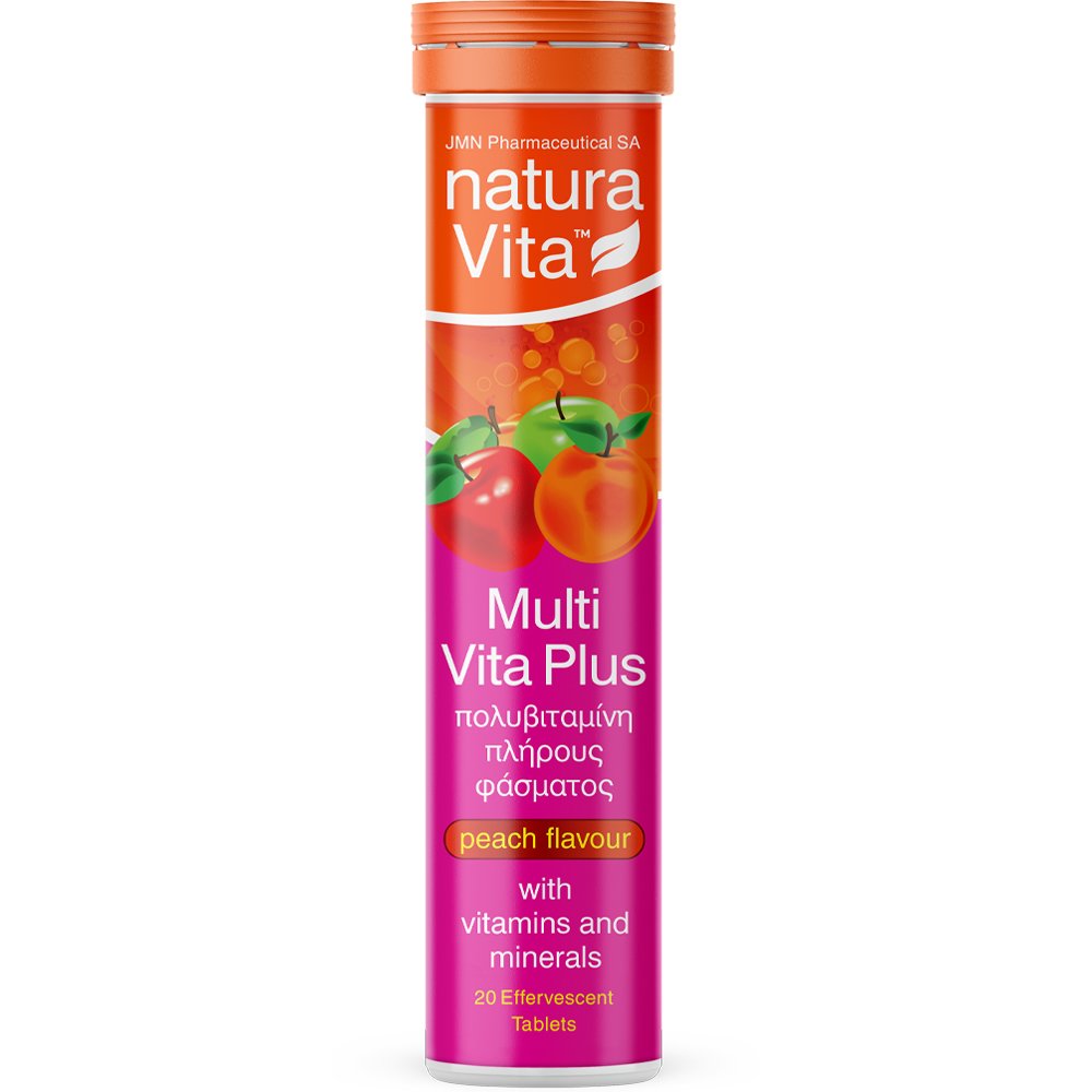 Natura Vita Multi Vita Συμπλήρωμα Διατροφής Πολυβιταμινών & Μετάλλων Υψηλής Ισχύος για Ενέργεια, Τόνωση & Κάλυψη Διατροφικών Ελλείψεων με Γεύση Ροδάκινο 20 Effer.tabs