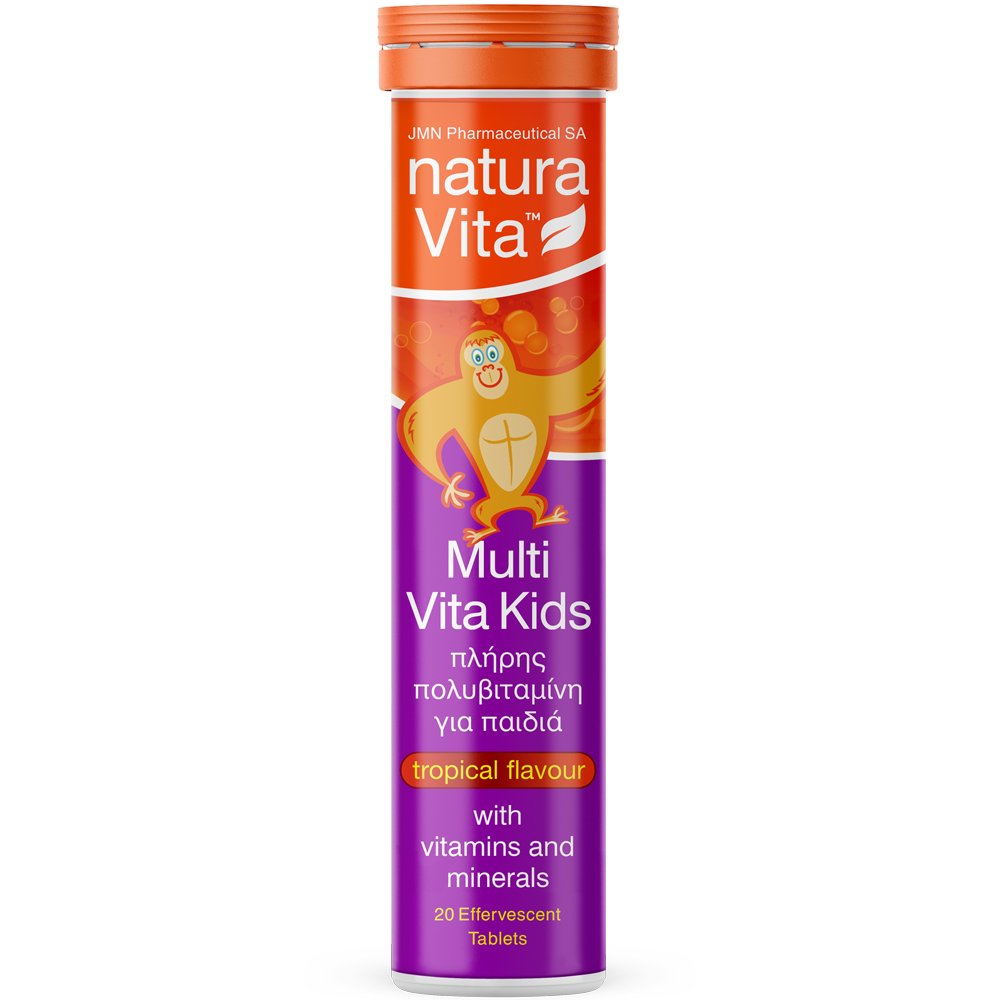 Natura Vita Multi Vita Kids Συμπλήρωμα Διατροφής Πολυβιταμινών & Μετάλλων για Παιδιά Άνω των 3 Ετών Υψηλής Ισχύος για Ενέργεια, Τόνωση & Κάλυψη Διατροφικών Ελλείψεων με Γεύση Τροπικά Φρούτα 20 Effer.tabs