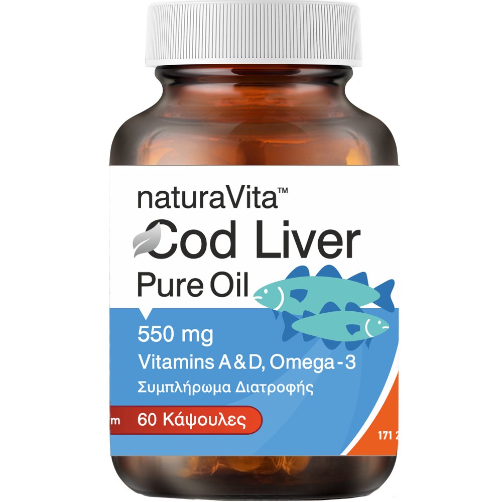 Natura Vita Cod Liver Oil 550 mg Συμπλήρωμα Διατροφής Μουρουνέλαιου Πλούσιου σε Ωμέγα 3 Λιπαρά Οξέα με Βιταμίνη Α & D για την Καλή Λειτουργία του Καρδιαγγειακού Συστήματος, Φυσιολογικά Επίπεδα Τριγλυκεριδίων & Ομαλή Αρτηριακή Πίεση 60caps