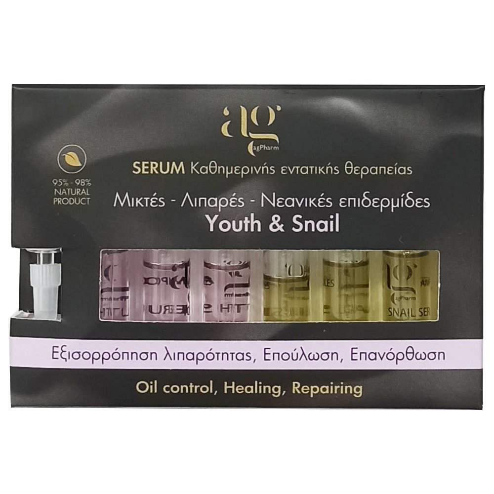 AgPharm Youth & Snail Face Serum Καθημερινής Εντατικής Θεραπείας για Μικτές, Λιπαρές, Νεανικές Επιδερμίδες με Dropper 6x2ml