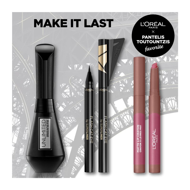 L’oreal Paris Make It Last Make up Set Unlimited Mascara Black 7.4ml, Superliner Flash Cat Eye Black & Matte Lip Crayon 1.3gr