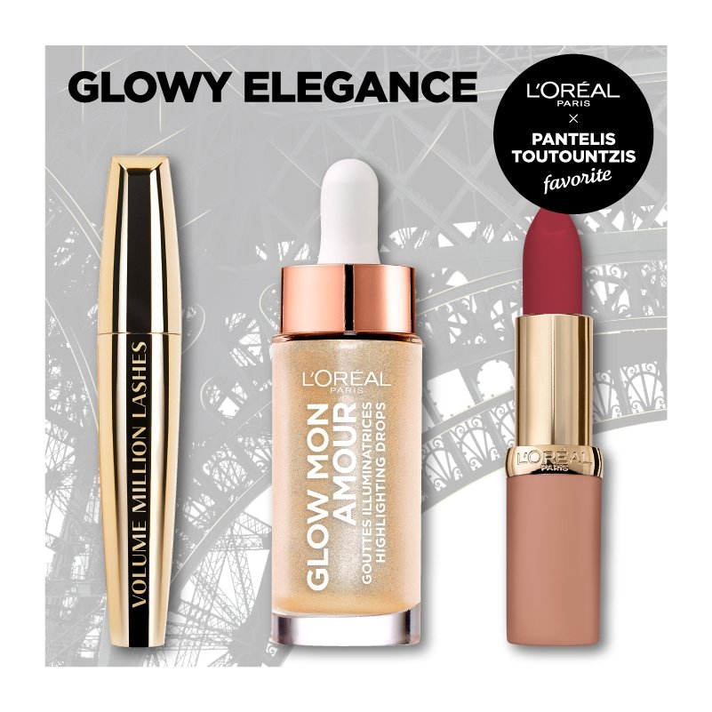 L’oreal Paris Glowy Elegance Make up Set Glow Mon Amour 15ml, Volume Million Lashes Mascara 10.7ml,Color Riche Ultra Matte 4.2gr