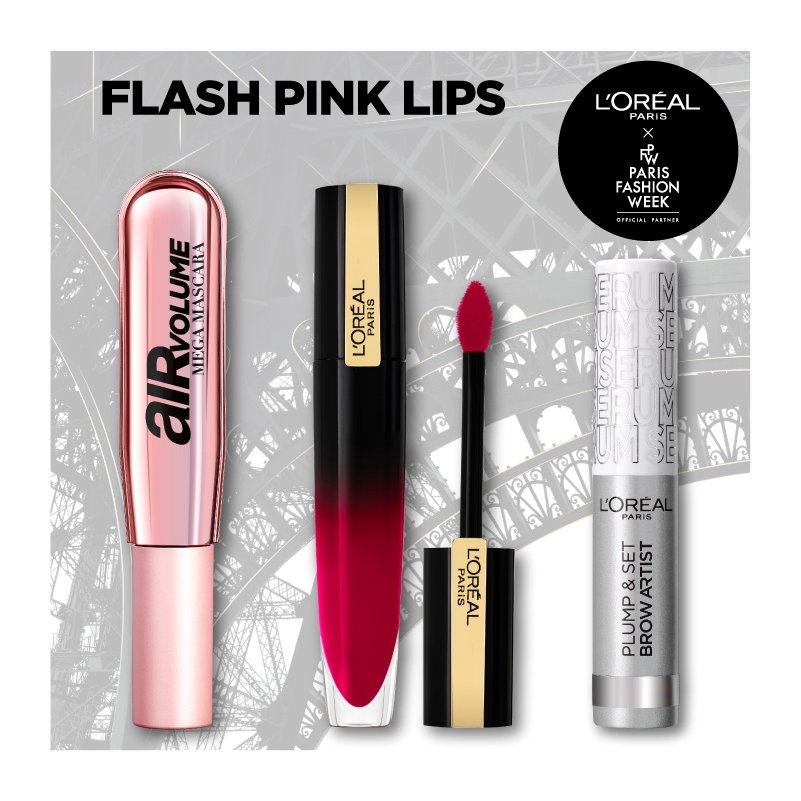 L’oreal Paris Fashion Week Flash Pink Lips Make up Set Plump Brow Artist Serum 4.9ml, Air Volume Mega Mascara 9.4ml, Gloss 6.4ml