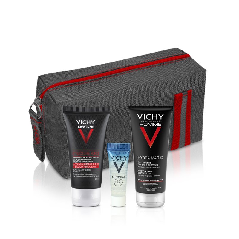 Vichy Πακέτο Προσφοράς Homme Structure Force 50ml & Δώρο Hydra Mag C Gel Douche 100ml,Mineral 89 4ml & Γκρι Κόκκινο Νεσεσέρ
