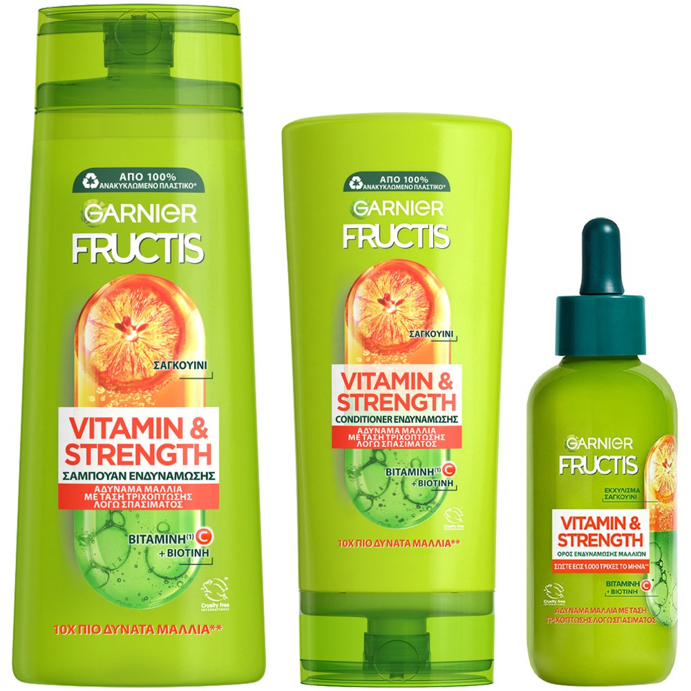 Garnier Fructis Πακέτο Προσφοράς Vitamin & Strength Shampoo 400ml & Conditioner 200ml & Hair Serum 125ml