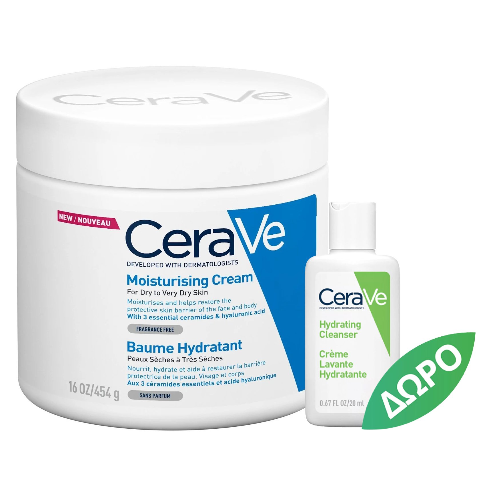 CeraVe Promo Moisturising Face – Body Cream for Dry to Very Dry Skin 454g & Δώρο Hydrating Face – Body Cleanser 20g