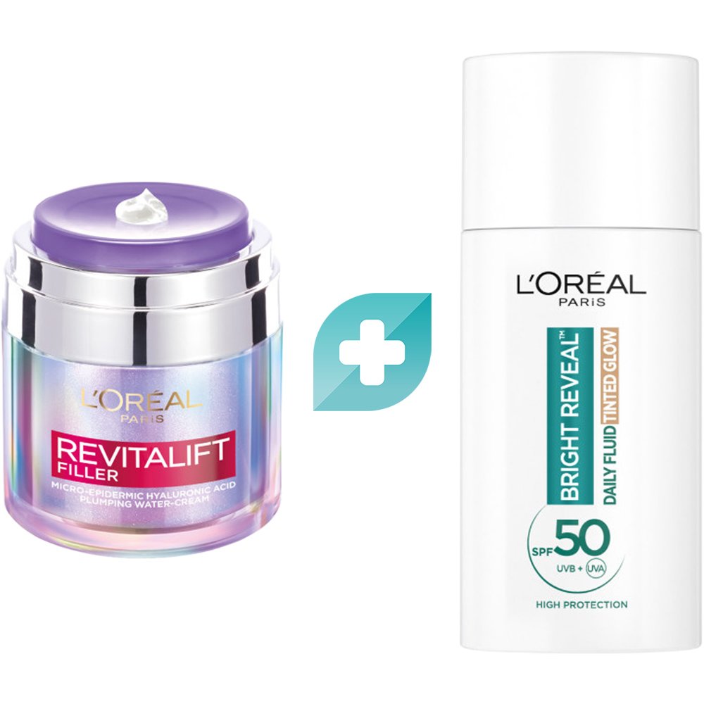 Loreal Paris L'Oreal Paris Promo Revitalift Filler Hyaluronic Plumping Water-Cream 50ml & Bright Reveal Tinted Glow Daily Fluid Spf50, 50ml