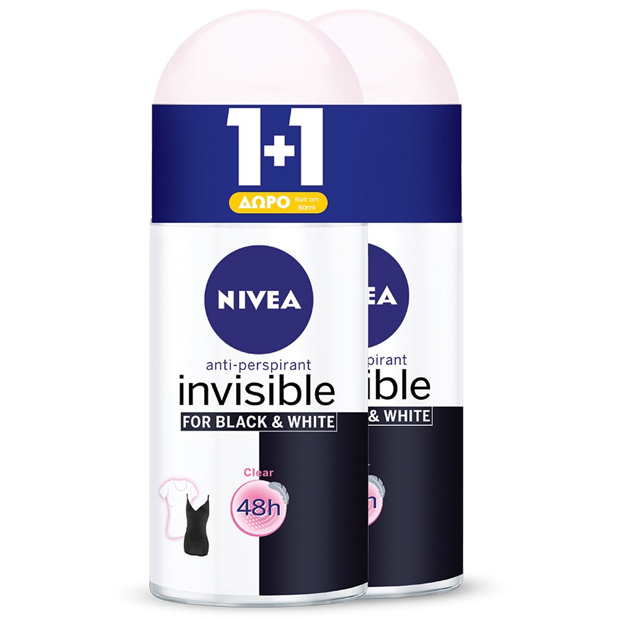Nivea Invisible for Women Black & White Clear Roll On Γυναικείο Αποσμητικό Κατά των Λευκών Σημαδιών 2x50ml 1+1 Δώρο