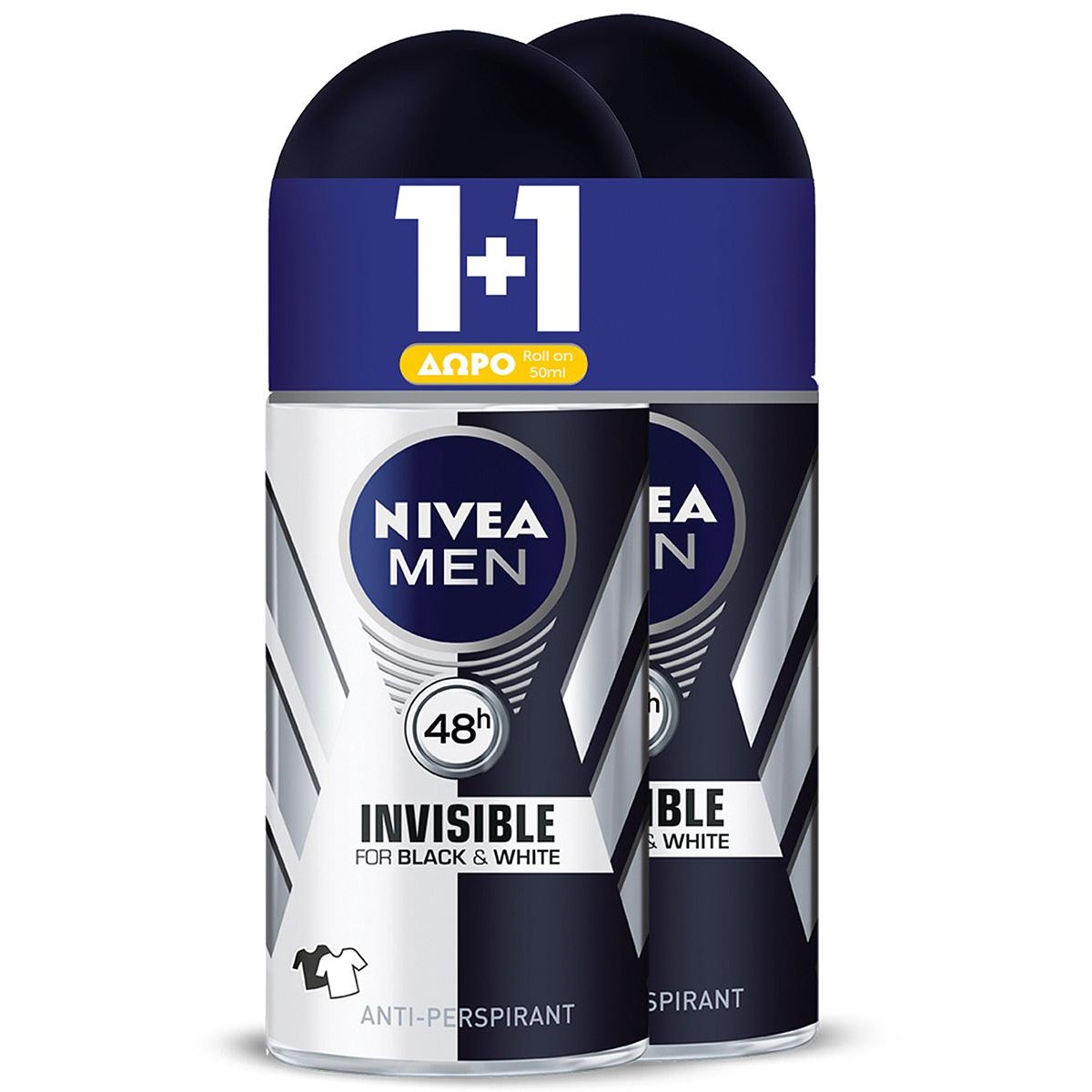 Nivea Men Deo Black + White Power Invisible Roll-On Ανδρικό Αποσμητικό Κατά των Λευκών Σημαδιών 2x50ml 1+1 Δώρο