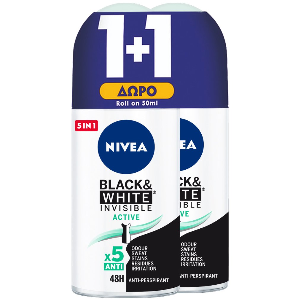 Nivea Πακέτο Προσφοράς Black & White Invisible Active 48h Protection Deo Roll-on 2x50ml,Γυναικείο Αποσμητικό 48ωρης Προστασίας