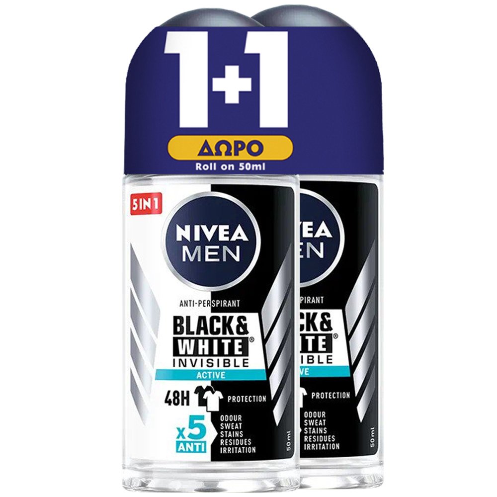 Nivea Πακέτο Προσφοράς Men Black & White Invisible Active 48h Protection Roll-on Ανδρικό Αποσμητικό Κατά των Λευκών Σημαδιών 2x50ml