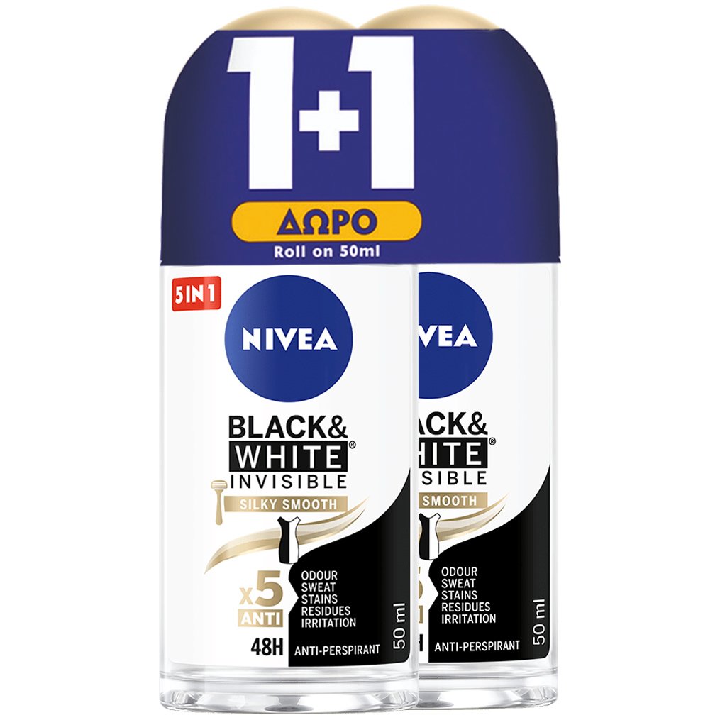 Nivea Πακέτο Προσφοράς Black & White Invisible Silky Smooth 48h Protection Deo Roll-on Γυναικείο Αποσμητικό 48ωρης Προστασίας 2x50ml