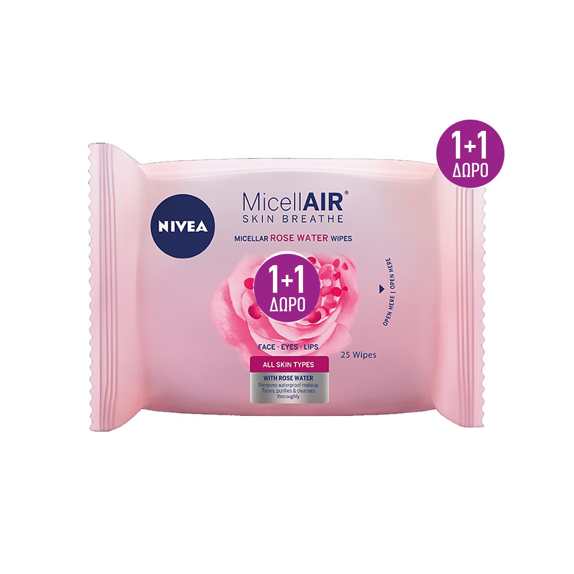 Nivea MicellAIR Skin Breathe With Rose Water Μαντηλάκια Καθαρισμού με Ροδόνερο 2×25 Τεμάχια 1+1 Δώρο