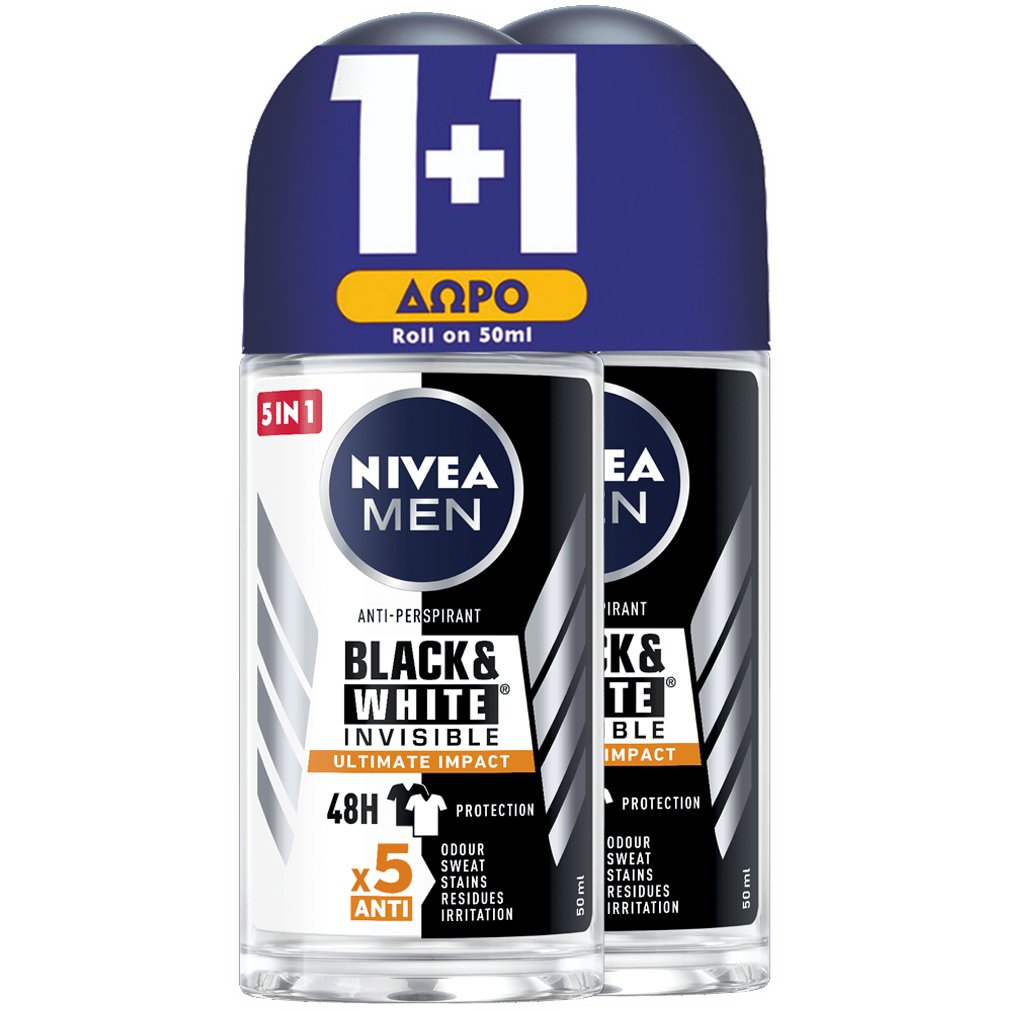 Nivea Πακέτο Προσφοράς Men Black & White Invisible Ultimate Impact 48h Protection Deo Roll-on Ανδρικό Αποσμητικό 48ωρης Προστασίας 2x50ml