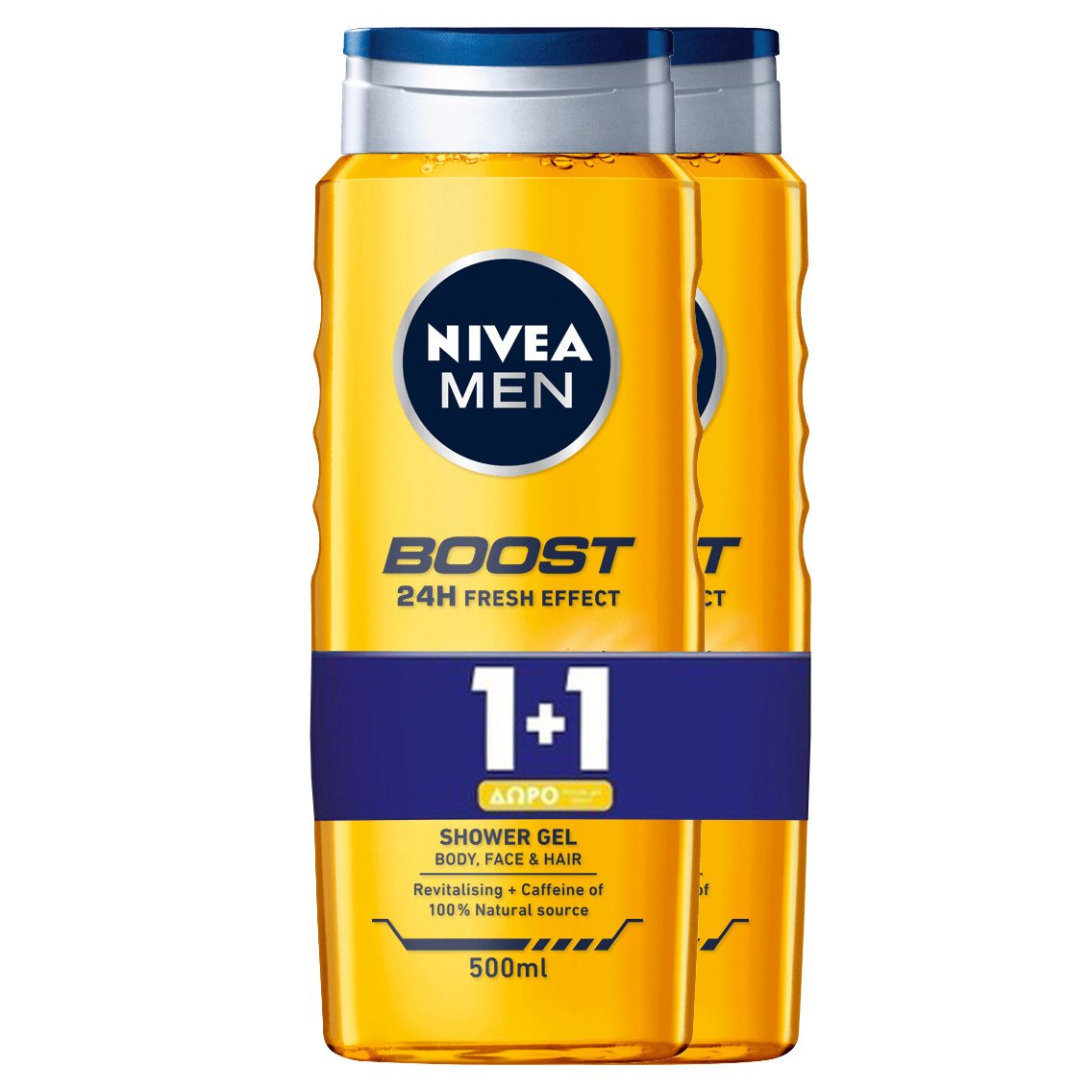 Nivea Πακέτο Προσφοράς Men Shower Gel Boost 24h Fresh Effect Revitalising & Caffeine Αφρόλουτρο για Σώμα, Πρόσωπο & Μαλλιά με Καφεΐνη 2x500ml 1+1 Δώρο