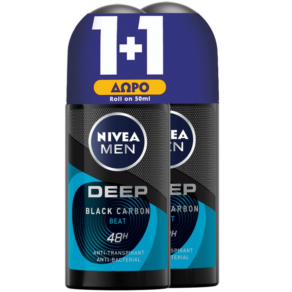 Nivea Πακέτο Προσφοράς Men Deep Black Carbon Beat 48h Deo Roll-On 2x50ml,Ανδρικό Αποσμητικό 48ωρης Προστασίας