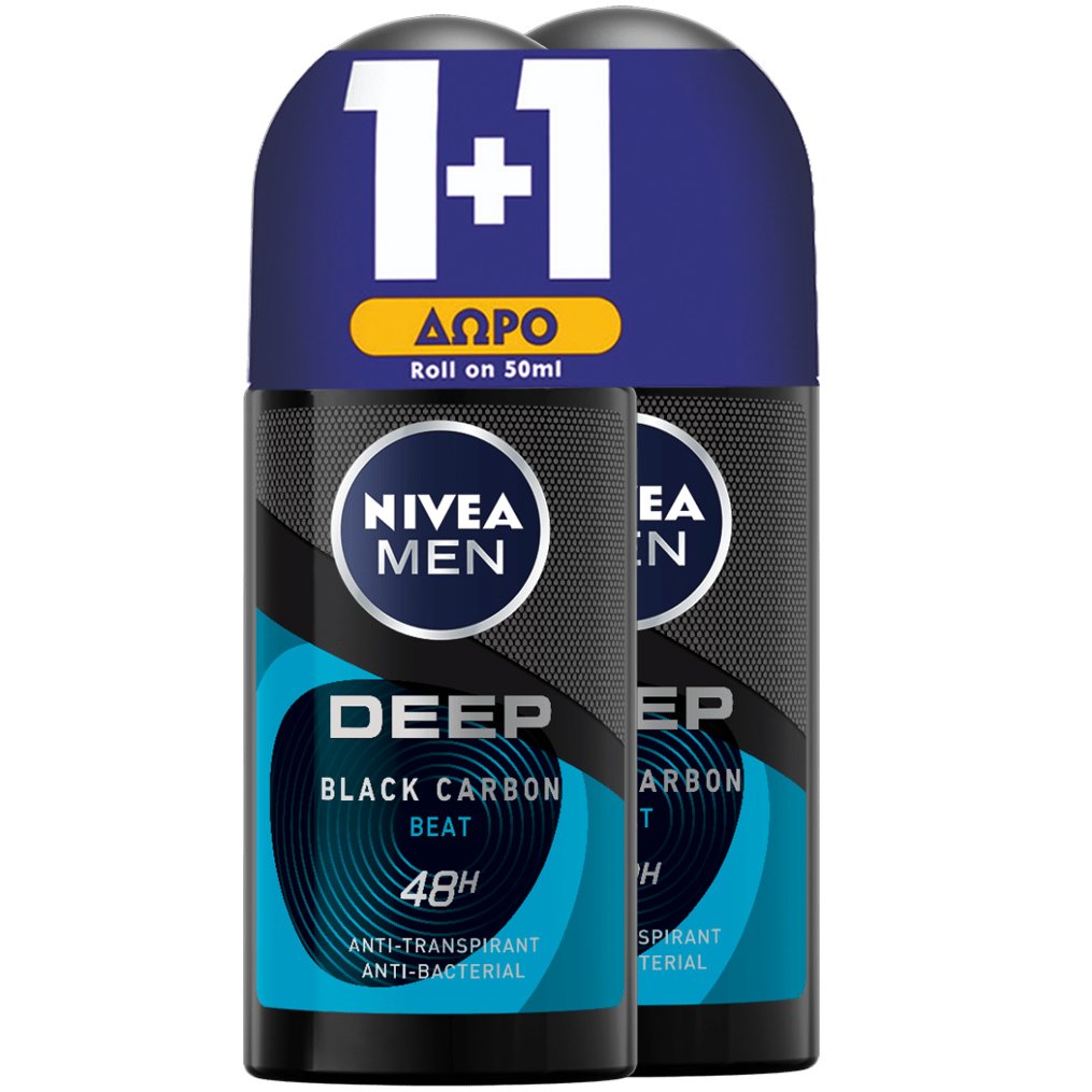 Nivea Πακέτο Προσφοράς Men Deep Black Carbon Beat 48h Deo Roll-On 2x50ml,Ανδρικό Αποσμητικό 48ωρης Προστασίας