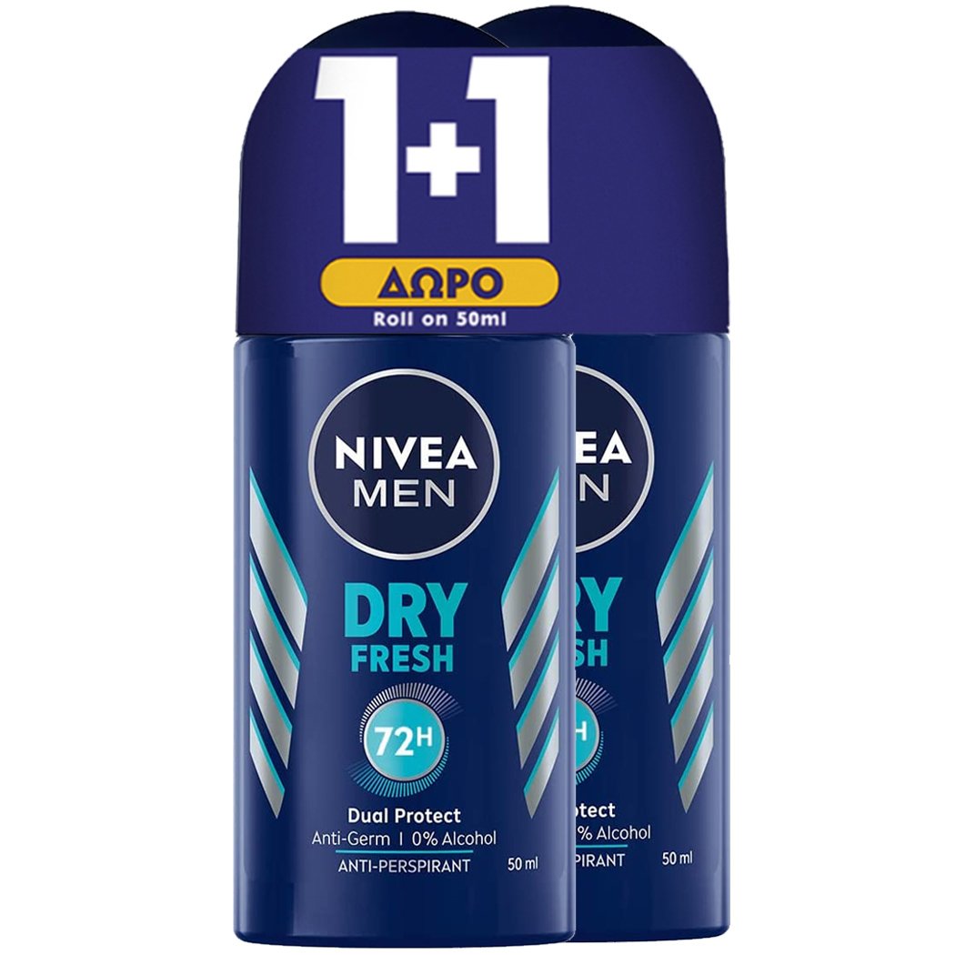 Nivea Πακέτο Προσφοράς Men Dry Fresh 72h Dual Protect Deo Roll-on Ανδρικό Αποσμητικό 72ωρης Προστασίας Κατά του Ιδρώτα 2x50ml