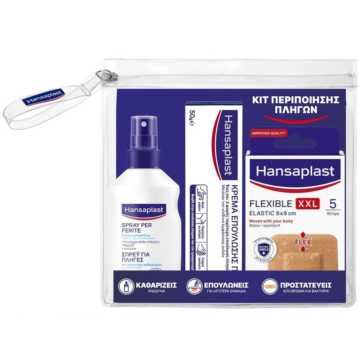 Hansaplast Πακέτο Προσφοράς Kit Περιποίησης Πληγών Wound Spray 100ml, Wound Healing Ointment 50g & Flexible Strips XXL Elastic 6x9cm 5 Τεμάχια